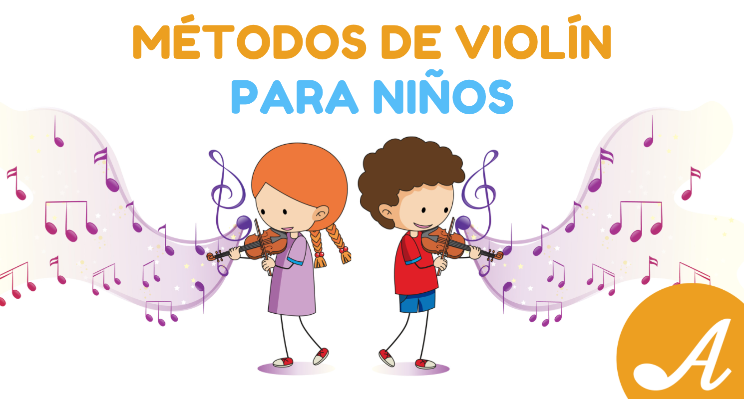 Dos niños tocando el violín con notas musicales