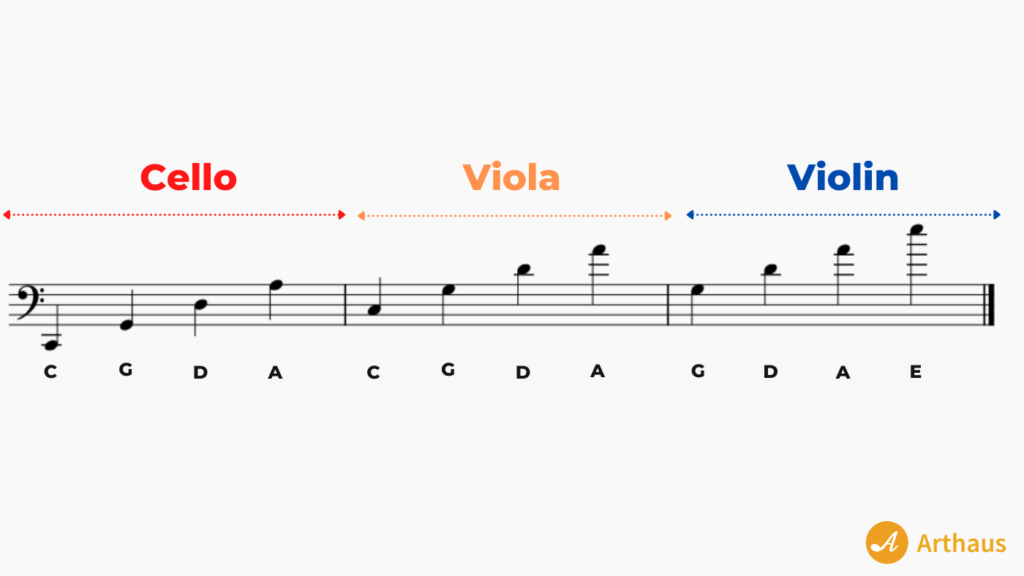 Relationship of the notes of a cello, a viola and a violin taking as reference the notes of the cello in bass clef